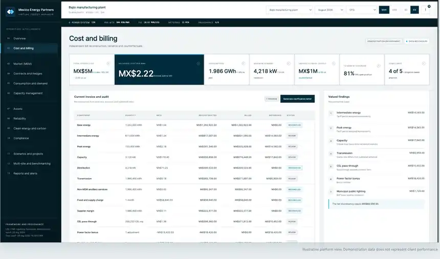 Cost and billing screen with invoice audit table and valued findings